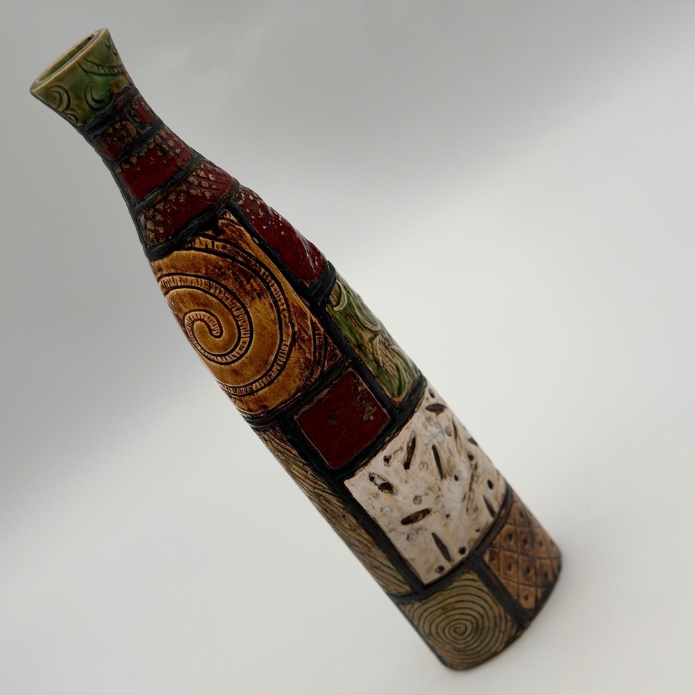 Vintage Studio Pottery Tall Tapered Bottle Vase Abstract Geometric Signed OF 14"